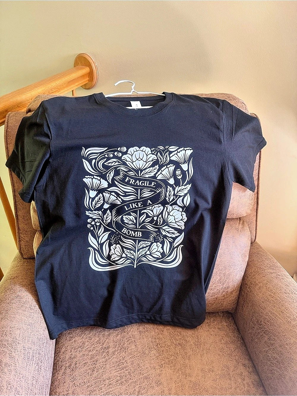 Floral Graphic “Fragile Like A B*MB” Short Sleeve Tee in Black & White Like New